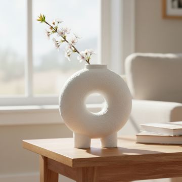 White ceramic donut vase with floral stems placed on wooden side table adding soft modern charm to living room decor.