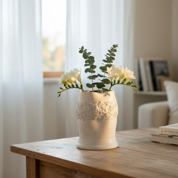 White ceramic textured vase with fresh greenery styled on wooden table enhancing bright and cozy home decor setting.
