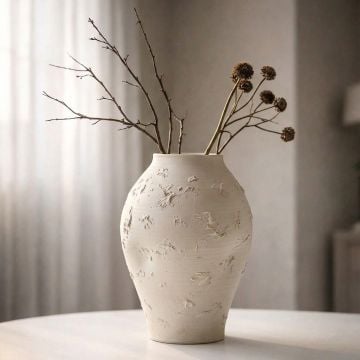 White ceramic textured decorative floor vase with sculpted organic design perfect for dried flower display in living room and modern home decor.