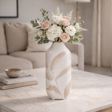 White ceramic decorative vase with beige leaf pattern and gold rim perfect for dried flower display on console table and home decor.