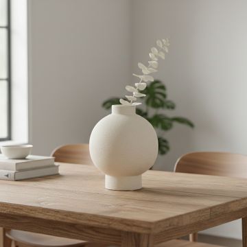 White ceramic round decorative vase with greenery displayed on console table creating clean and contemporary interior decor accent.