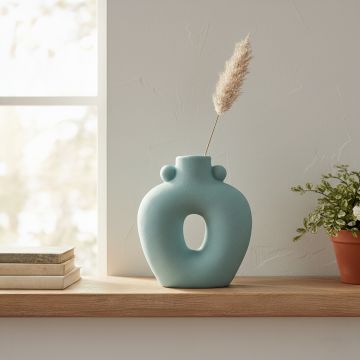 Light blue ceramic donut vase with dried stem displayed on side table creating fresh and contemporary interior decor accent.