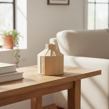Beige ceramic sculpted decorative vase displayed on side table creating warm and contemporary interior decor accent.