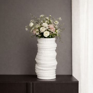 White ceramic textured decorative vase with sculpted layered design perfect for dried flower display on console table and modern home decor.