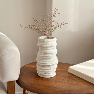 White ceramic textured decorative vase with layered sculpted design perfect for dried flower display on console table and modern home decor.