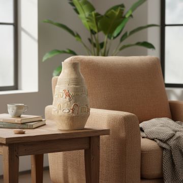 Hieroglyph vase placed on a wooden side table beside a beige armchair in a cozy living room with soft natural lighting.