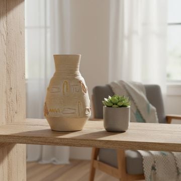 Small hieroglyph vase displayed on a wooden shelf beside a small succulent in a bright cozy modern living space.