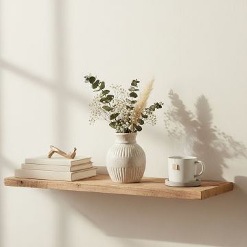 Ribbed vase displayed on a wooden shelf with books a mug and dried florals in a bright minimal living space.