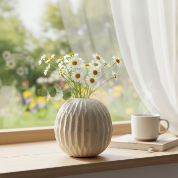Round textured vase displayed on a windowsill with daisies and greenery beside a steaming cup of tea in a bright cozy room.