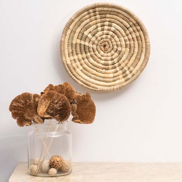 Natural wall basket displayed in a cozy living space with rustic wooden table and dried botanicals for earthy home decor inspiration.