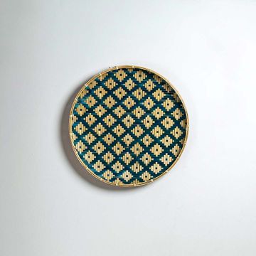 Bird s eye Handwoven Bamboo Basket Beige Blue White Background