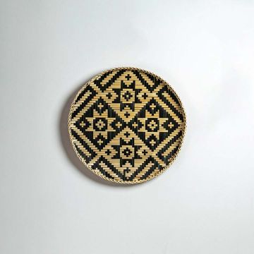 Floral Handwoven Bamboo Basket Beige Black White Background