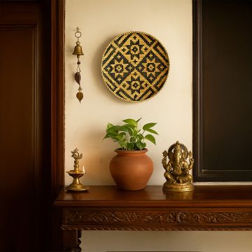 floral handwoven bamboo basket beige black main lifestyle