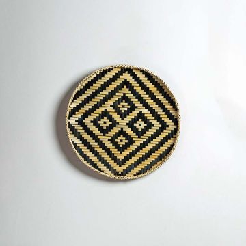 Herringbone Bamboo Round Wall Basket Beige Blue White Background