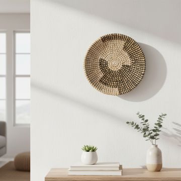 yoshi handwoven sabai grass hanging wall basket black beige main lifestyle