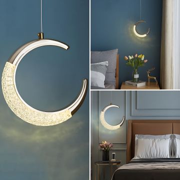Modern crescent moon pendant light collage featuring crystal design and golden finish for luxury interiors.
