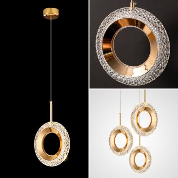 Crystal ring pendant light collage showing gold and crystal hanging design for modern interiors.