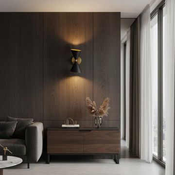 mid century bowtie style black wall sconce main lifestyle