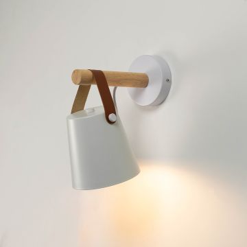 White wall light with wooden handle glowing softly on white background perfect for minimalist home lighting decor.