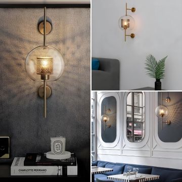 Elegant glass pendant light with gold accents illuminating a modern room with soft lighting a decorative plant and contemporary furnishings.