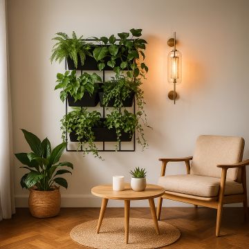 Modern gold wall light with glass shade illuminating cozy corner with indoor plants wooden chair and round table decor.