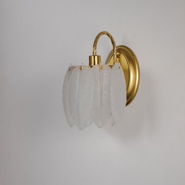 Frosted feather glass wall light with gold metal base light off on white background perfect for bedroom and hallway decor.