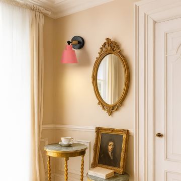 Modern wooden wall sconce with pink conical lampshade stylish wall light setup for bedroom hallway and living room decorative lighting decor.