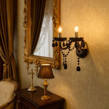 Black wall light with dual candle style glowing beside mirror lamp and curtains in luxury classic interior.