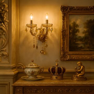 Golden wall light with crystal drops glowing above ornate table with crown and sculpture in luxury interior.