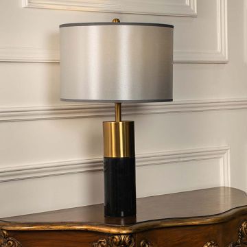 Altadena Black Marble Table Lamp with Grey Shade Light On White Background