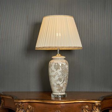 Artistic Chinoiserie Style Ivory Ceramic Table Lamp with Shade Light On Black Background