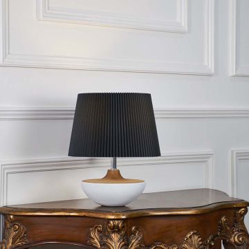 Bowl Shape White Ceramic Table Lamp with Black Shade Light On White Background
