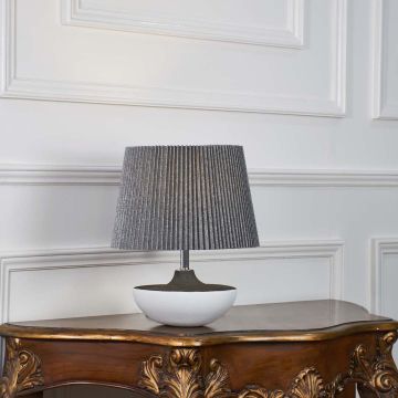 Bowl Shape White Ceramic Table Lamp with Grey Shade Light On White Background