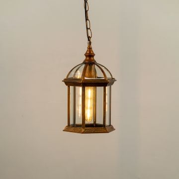 Calvino Arched Outdoor Hanging Lamp Gold light on white background