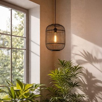 Oval black wire pendant light bringing warm modern elegance and artistic charm to contemporary interior settings.