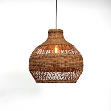 Cupola Rattan Hanging Lamp - Beige Light On White Background