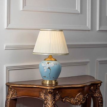 Elicia Sky Blue Ceramic Table Lamp with White Shade Light On White Background