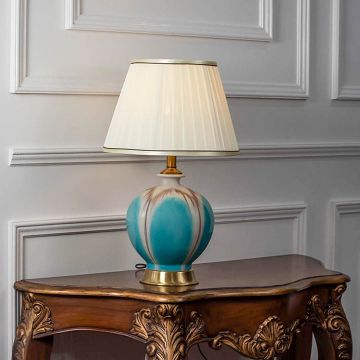 Elke Table Lamp - Gold & Sky Blue Light On White Background