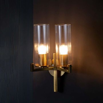 Evolve Double Nordic Style Modern Golden Metal & Glass Light Light On Black Background