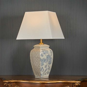 Graceful Provinical Art Grey Ceramic Table Lamp with White Shade Light On Black Background