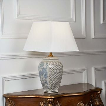 Graceful Provinical Art Grey Ceramic Table Lamp with White Shade Light On White Background