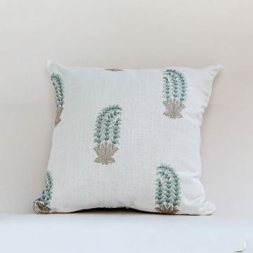 Green Fleur Embroidered Cushion Cover White Background