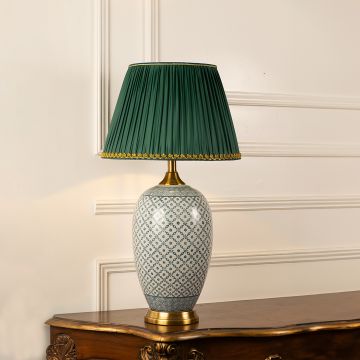 Grey Porcelain Pattern Ceramic Table Lamp with Green Shade Light on white background