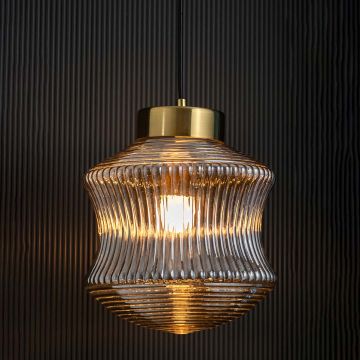 Halo Cylindrical Glass & Gold Metal Pendant Light Light On Black Background