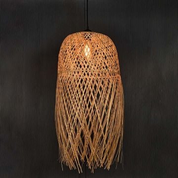 Handcrafted Woven Bamboo Strips Hanging Lamp Light On Black Background