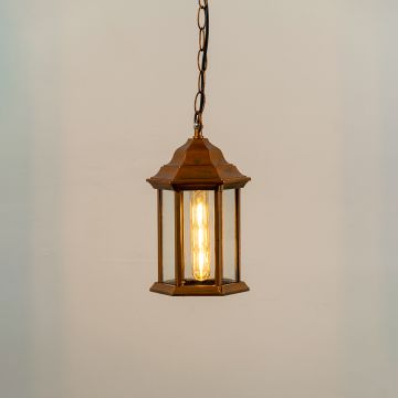 Harlyn Outdoor Hanging Light Gold light on white background
