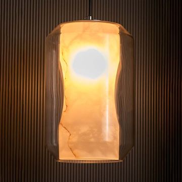 Marble Grain Glass Cylindrical Pendant Lamp Light On Black Background