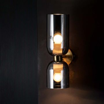 Modern Dual Light Smoky Grey Glass & Metal Wall Light Light On Black Background