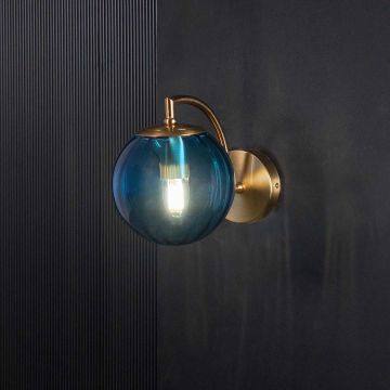 Modern Globe Brass & Blue Wall Light Light On Black Background