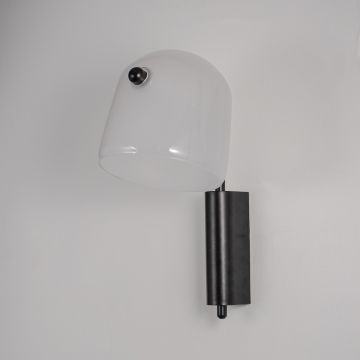 Frosted white glass wall light with black metal base light off on white background modern wall lighting for bedroom decor.
